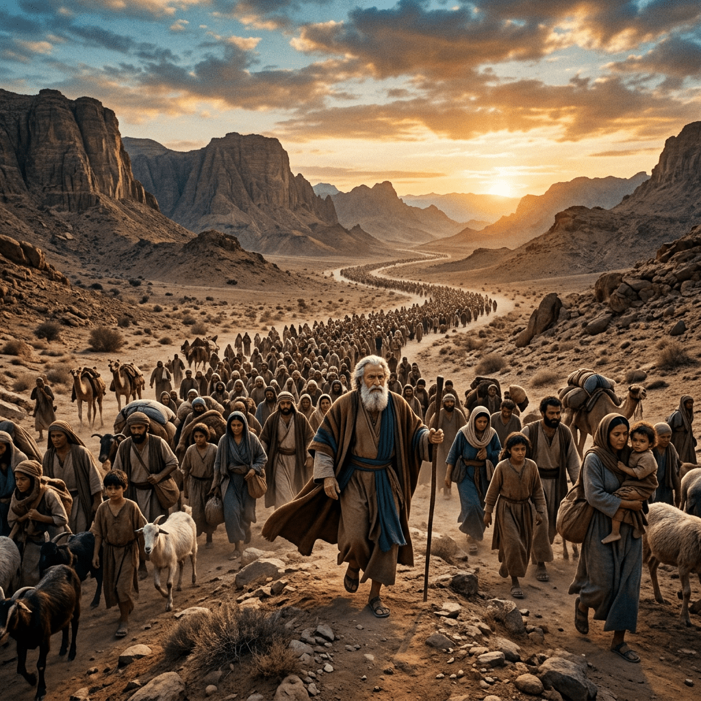 Large caravan of people and livestock crossing a desert valley at sunset