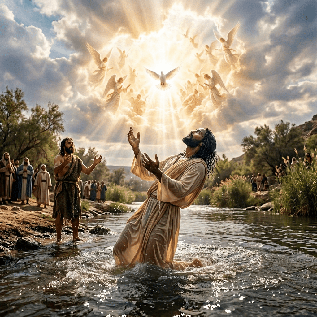 A robed man walks through a river beneath angels and radiant sunlight.