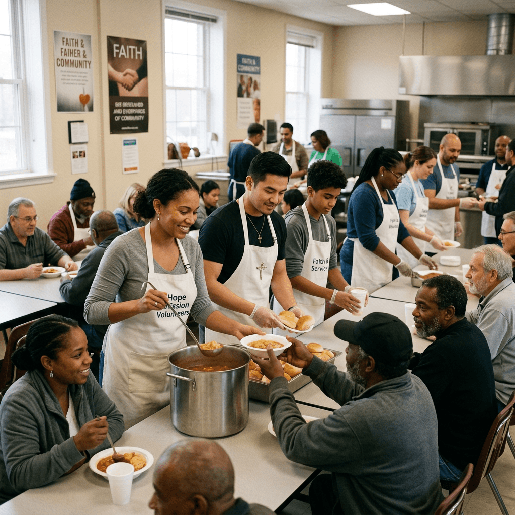 Volunteers serving soup and bread to diners at a community meal