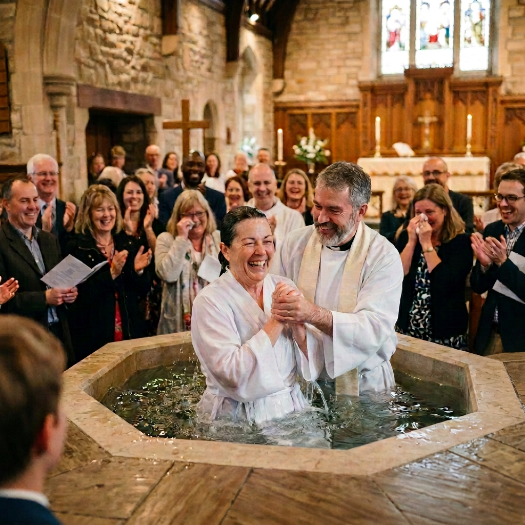 A smiling woman is baptized in a church font as guests applaud.